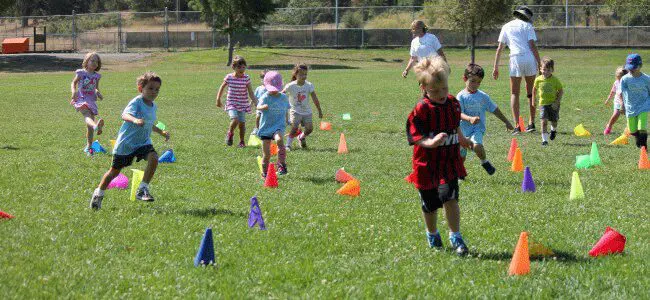 A group of children playing with cones in the grass.